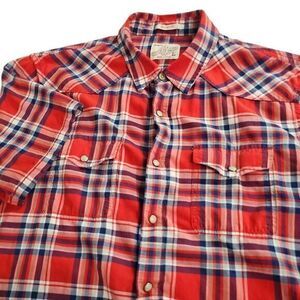 Lucky Brand Classic Fit Pearl Snap Short Sleeve Red, White, Blue Plaid Shirt Lrg